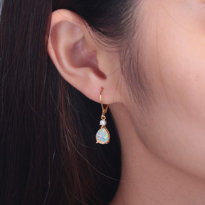 CiNily Small Gold Dangle Earrings Opal Leverback Drop Earrings for Women 14K Yellow Gold Plated Teardrop Gemstone Earrings - Image 3